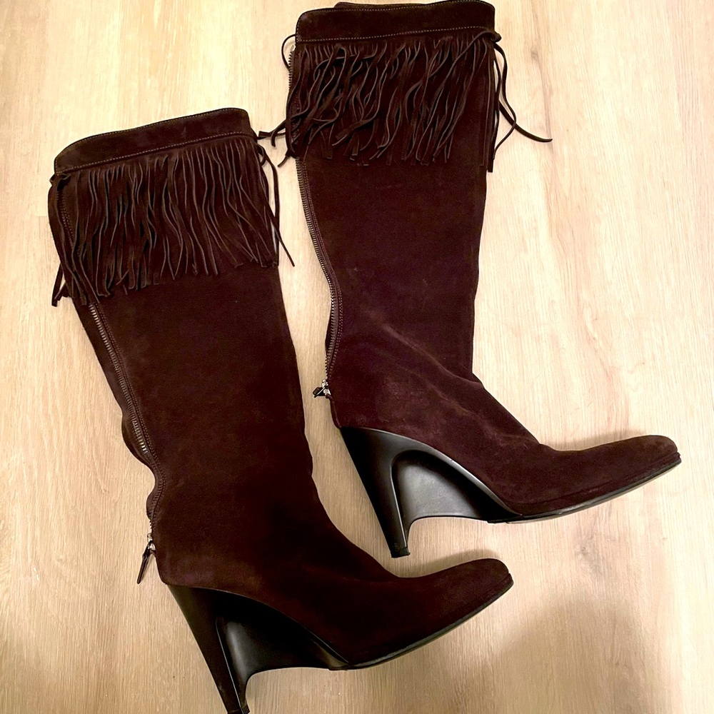 Gorgeous Helmet Lang boots with fringe detail and unique heel